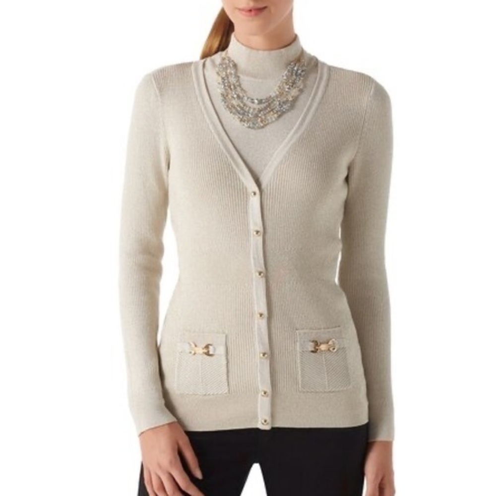 White House Black Market Gold Shimmer Boyfriend Cardi NWOT